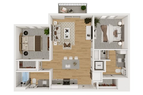 Floor plan for 2 beds, 2 baths, 886 sqft